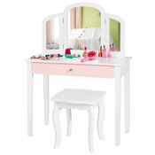 Otroška toaletna mizica 2in1 s trojnim zložljivim ogledalom in predalom v beli barvi