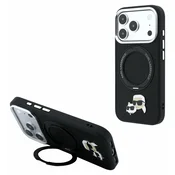Karl Lagerfeld teksturiran PU K&CH Heads Ring Stand MagSafe zadnji ovitek za iPhone 18 Pro Max, črn