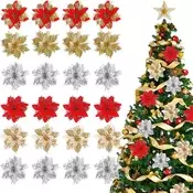 Poinsettia, 24-delni komplet bleščečih božičnih okraskov - Rdeča