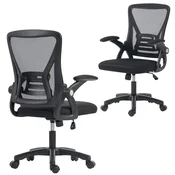 HOMCOM Ergonomski pisarniški stol s preklopnimi nasloni za roke, oblazinjen pisalni stol z vrtljivim sedežem, ledvena podpora, nastavljiva višina, v zračnem mrežastem materialu, črn