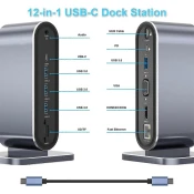 Docking station / HUB Type-C na LAN Gb/ SD card/ TF/ PD/ Type-C/ 4xUSB 3.0/ Audio/ HDMI i VGA 12 u 1 sa postoljem