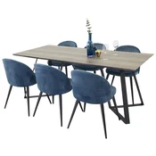 Venture Design Jedilna miza in komplet žametnih stolov, miza 75x180x90 cm, stol 57x76,5x50 cm, sivo modra
