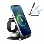 3v1 brezžična polnilna postaja TrioCharge Fold za polnjenje telefona, ure in slušalk 15W - stealth black