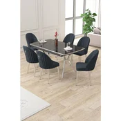 Hanah Home trpezarijski set Sim, sto na razvlacenje i 6 stolica, ploca u dekoru crnog mermera, hromirane noge, antracit tkanina Babyface