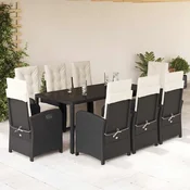 9-dijelni vrtni blagovaonski set s jastucima crni od poliratana Crna Dužina stola 190 cm