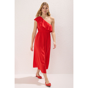 Trendyol Red Asymmetrical Collar Midi Woven Dress with Opening Waist Skirt