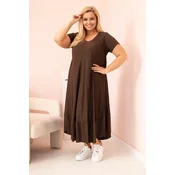 Kesi Włoski Plus size womens dress with short sleeves and ruffle made of light viscose brown