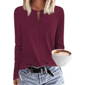 Ženska bluza z dolgimi rokavi in V-izrezom, elegantna casual majica s kovinskim detajlom, udoben material iz poliestra in elastana, primerna za jesen in zimo, bordo barva, velikost L