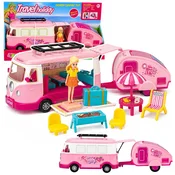 slomart Potovalni set LEAN TOYS: Kamper s prikolico, lutka in dodatki, roza
