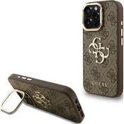 Guess PU 4G kovinski logotip stojalo z okvirjem zadnji ovitek za iPhone 15 Pro Max rjav