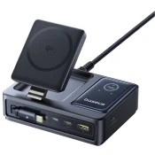 BASEUS Polnilna postaja 5 v 1 USB-A/USB-C z zaslonom, navijalnim kablom, 140 W in Qi2 – črna