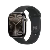 Apple Watch Series 10: GPS + Cellular, 46 mm, ohišje iz titana v skrilasto sivi barvi, pašček Sport Band v črni barvi - M/L
