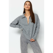Trendyol Gray Soft Textured Polo Collar Knitwear Sweater