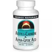 Source Naturals - Acetil-L-karnitin in alfa-lipoična kislina 650 mg, 60 vegetarijanskih tablet