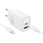 Hoco Mrežni polnilnik za telefon Hoco USB-A + USB-C QC3.0 PD 3A 30 W + kabel USB-C na Lightning N63, bel