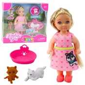 Mini punčka za igro s psom in mačko ter dodatki - 12 cm - roza