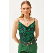 Olalook Womens Leopard Emerald Green Collar Rope Strappy Blouse