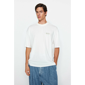 Trendyol Ecru Oversize 100% Cotton Minimal Text Printed T-Shirt