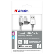 Verbatim USB kabel (2.0), USB A muški - microUSB muški + Apple Lightning muški, 1m, srebrni, kutija, 48869, 2 u 1 - podesivo