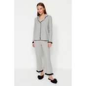 Trendyol Gray Melange 100% Cotton Ruffled Welt Shirt-Pants Knitted Pajamas Set