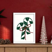 WallXpert novogodišnja uramljena MDF slika 3752CHRCT-016, dve bombone u obliku štapa sa crvenom mašnom, 37 x 52 cm