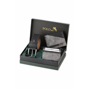 Polo Air Mens Gray Black Belt Wallet Card Holder Combination Set