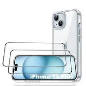 Komplet zaščite za iPhone 15 Plus – 2x zaščitno kaljeno steklo + prozoren ovitek