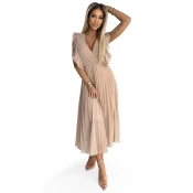315-6 EMILY Pleated dress with ruffles on the shoulders and neckline - beige