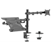 Adjustable desk mount with monitor arm and notebook tray