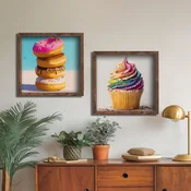 WallXpert set uramljenih MDF slika DOS078-70, krofne i kapkejk u živim bojama, 2 x 70 x 70 cm