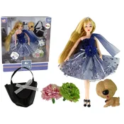 Igrača punčka Emily s torbo za pse in temno modro obleko