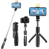 Selfie stick Techsuit L02s z Bluetooth daljincem, stabilnim stojalom in LED lučko - črn