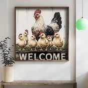 WallXpert uramljena MDF slika DOS041-33, kokoška sa pilicima i natpisom „Welcome“, 34 x 34 cm