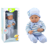 Lutka beba s prugastim puloverom, kapom i šalom plava
