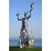 Casa Padrino luxury decorative sculpture Pan silver 125 x 126 x H. 295 cm - Huge stainless steel sculpture - Huge garden decorative figure - Garden sculptures - Metal sculptures