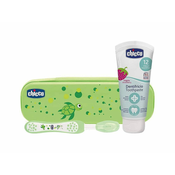 Chicco Komplet zobne ščetke in zobne paste s fluoridom v kovčku Always Smiling green 12m+