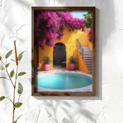 WallXpert uramljena MDF slika NAL061-46, dvorište sa bazenom, žutim zidovima i roze bugenvilijom, 35,5 x 47 cm