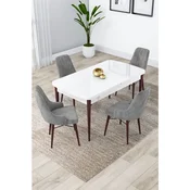 Hanah Home trpezarijski set Lia, sto na razvlacenje i 4 stolice, bela ploca, noge boje oraha, siva tkanina Babyface