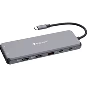 VERBATIM Vozlišče USB-C Pro Multiport 13 portov, 6x USB-A, 2x USB-C, 2x HDMI, DP, RJ45, 3,5mm Jack audio, siva