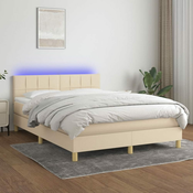 Greatstore Box spring postelja z vzmetnico LED krem 140x200 cm blago