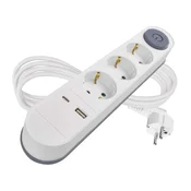 Podaljšek 2 m/3 vtičnice/s stikalom/beli/1× USB-A + 1× USB-C/1,5 mm2