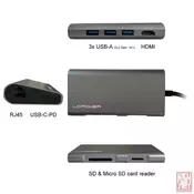 LC Power LC-HUB-C-MULTI-5, 3xUSB3.2(Gen1), USB type-C, RJ45, HDMI, SD&MicroSD card reader