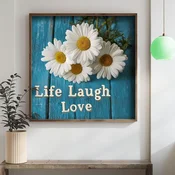 WallXpert uramljena MDF slika DOS046-50, bele rade na plavoj dasci sa natpisom „Life Laugh Love“, 50 x 50 cm