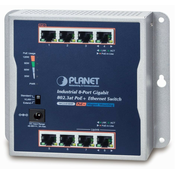 Industrijsko ravno stikalo Planet 8x 1Gb, 8x PoE 30/120W, 48-56V, IP30, -20/60st, brez ventilatorja