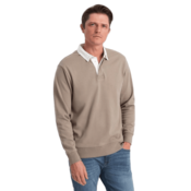 OMBRE Moški pulover z belim polo ovratnikom V2 OM-SSNZ-0132 temno bež MDN124383 M