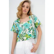 Trend Alacati Stili Ženska bluza kratkih rukava Alc-X13794, Brod izrez, Belo-zelena