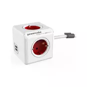 ALLOCACOC PowerCube Extended USB 4xSchuko + dual USB, kabl duž.1,5m - 1402RD/DEEUPC  4, 1,5m, Bela/crvena