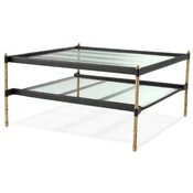 Casa Padrino luxury coffee table vintage brass/black 89 x 87.5 x H. 44 cm - Living room table with glass tops and genuine leather - Living room furniture - Hotel furniture - Luxury furniture