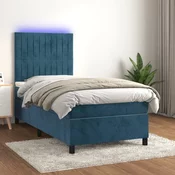 Greatstore Box spring postelja z vzmetnico LED temno modra 90x200 cm žamet