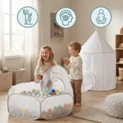 Mamabrum Otroški Igralni Komplet 3 v 1 z Gradom in Bazenom za Žoge - Šotor s Tunelom za Sobo in Vrt, Pop-Up Sistem, Transportna Torba